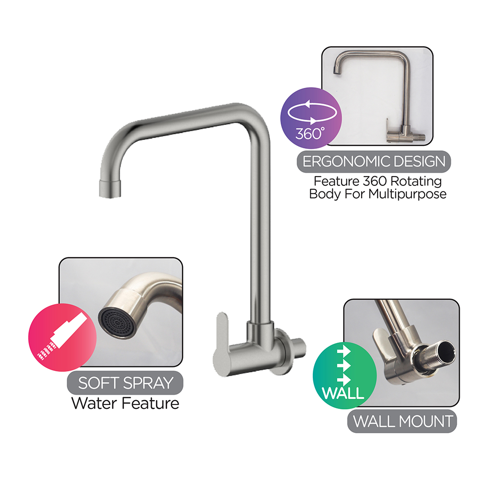Kitchen Cold Tap|STARK Stainless Steel Single Sink Cold Tap|Single lever sink cold tap|Wall mount